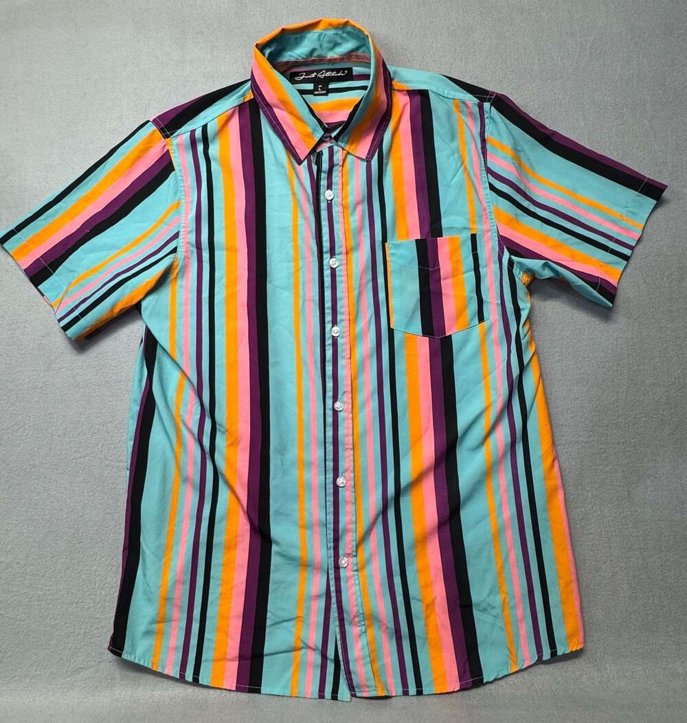 Just Attitude Men's Short Sleeve Button Shirt with Multicolored Vertical Stripes